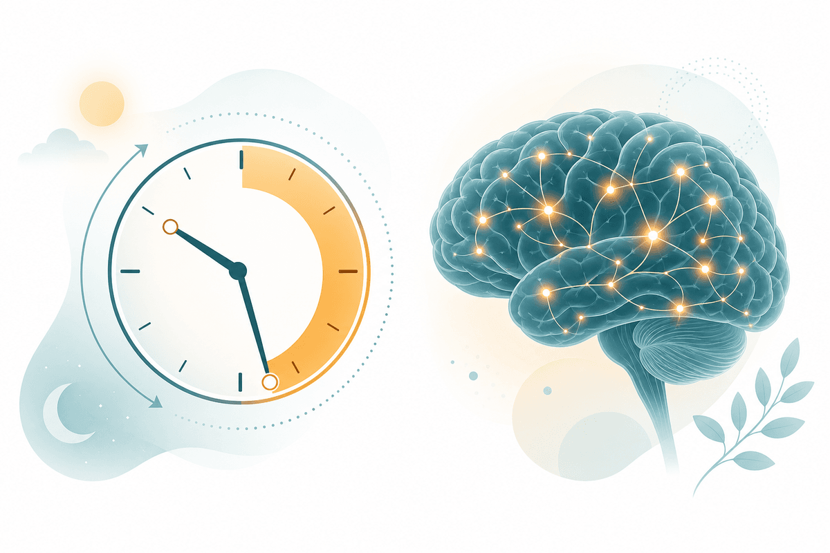Clock showing a daily eating window alongside a stylized brain, illustrating time-restricted eating and brain health