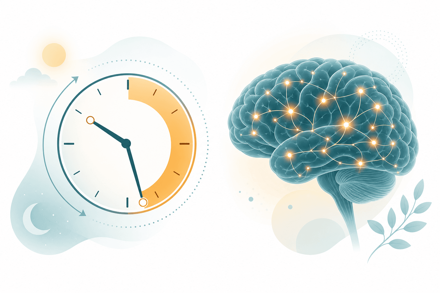Clock showing a daily eating window alongside a stylized brain, illustrating time-restricted eating and brain health