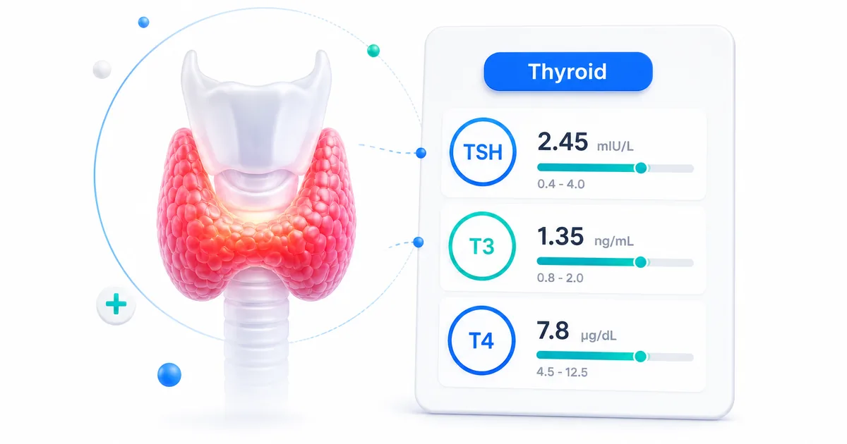 Thyroid function test report showing TSH T3 T4 values with thyroid gland illustration in Hindi context
