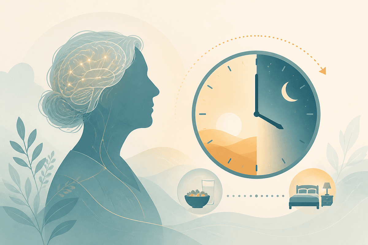 Illustration of an older woman silhouette with a clock and brain motif showing evening fasting for cognitive health