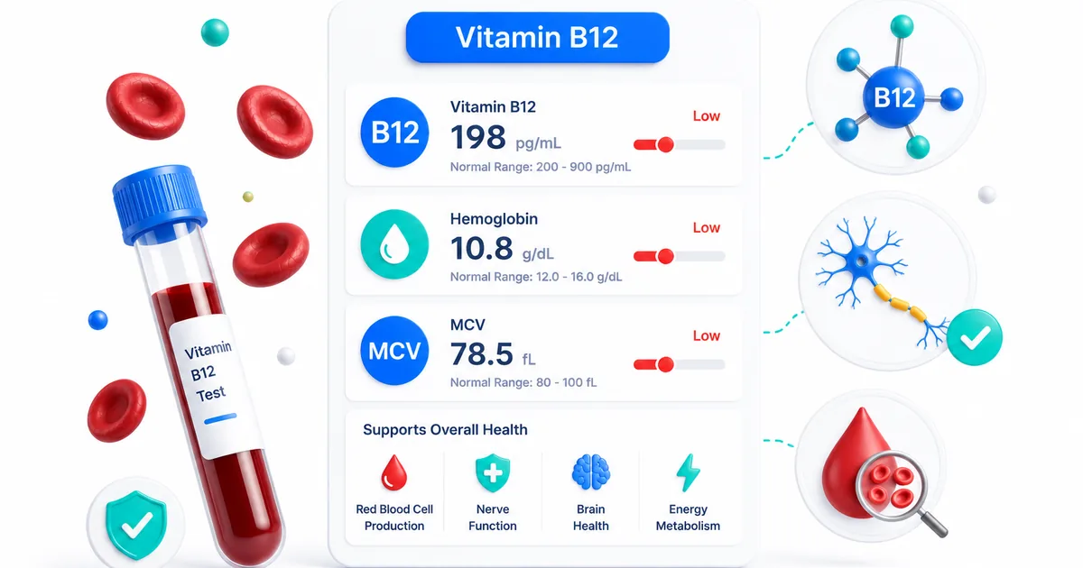 Vitamin B12 blood test report with deficiency range highlighted alongside neuron and red blood cell illustration