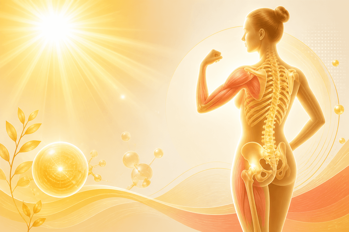 Educational illustration of optimal vitamin D levels with sunlight and bone health motif