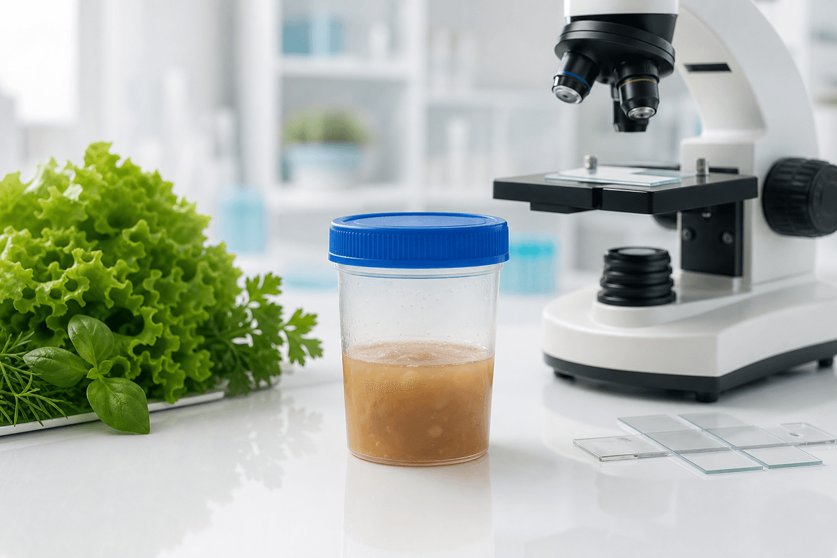 Clinical stool specimen cup with watery sample beside lettuce and a laboratory microscope illustrating Cyclospora diarrhea evaluation