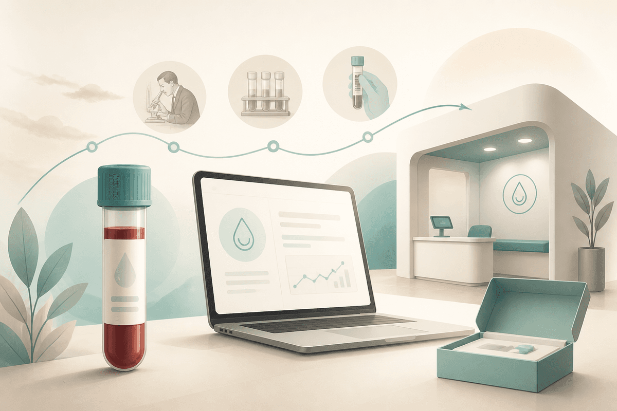 Educational illustration about online blood testing platforms and lab result tracking after WellnessFX shutdown