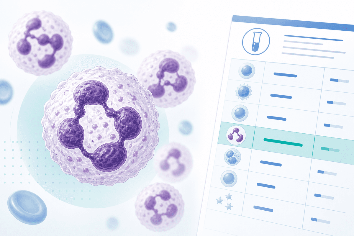 Educational illustration of neutrophils on a CBC blood test report with normal range context