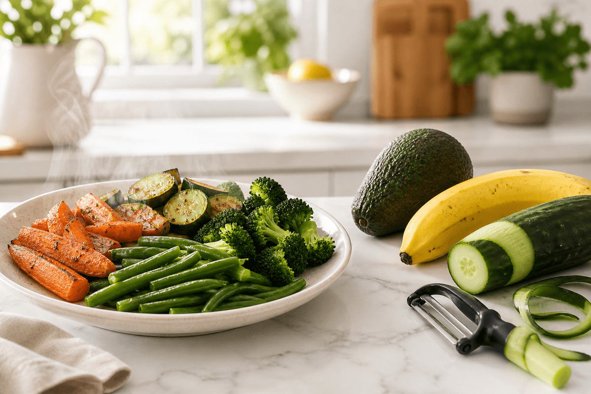 Cooked vegetables and peelable produce on a clean kitchen counter illustrating lower-risk Cyclospora food choices