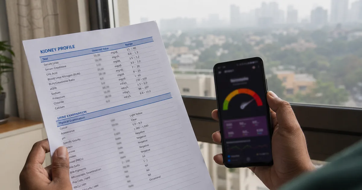 Hands holding a kidney lab sheet with a hazy city and phone AQI colour scale in the background
