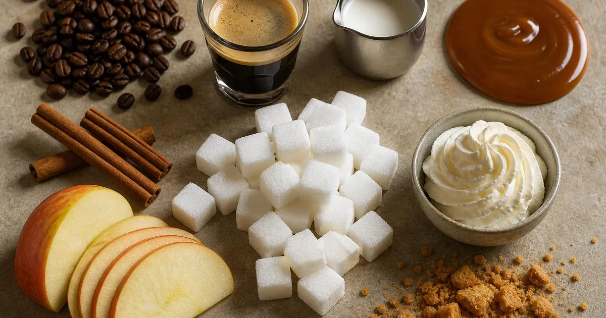 Coffee beans, caramel sauce, cream, cinnamon, apple slices, and a pile of sugar cubes showing what is actually in the drink