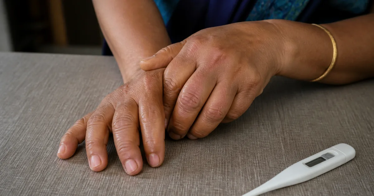Hands and a thermometer illustrating joint pain after monsoon fever