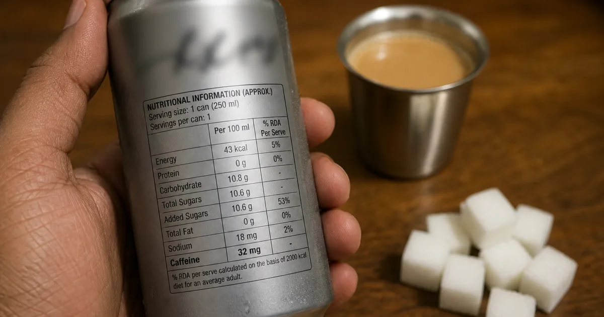 Close-up of a caffeine and sugar nutrition panel on a generic slim can next to chai and sugar cubes