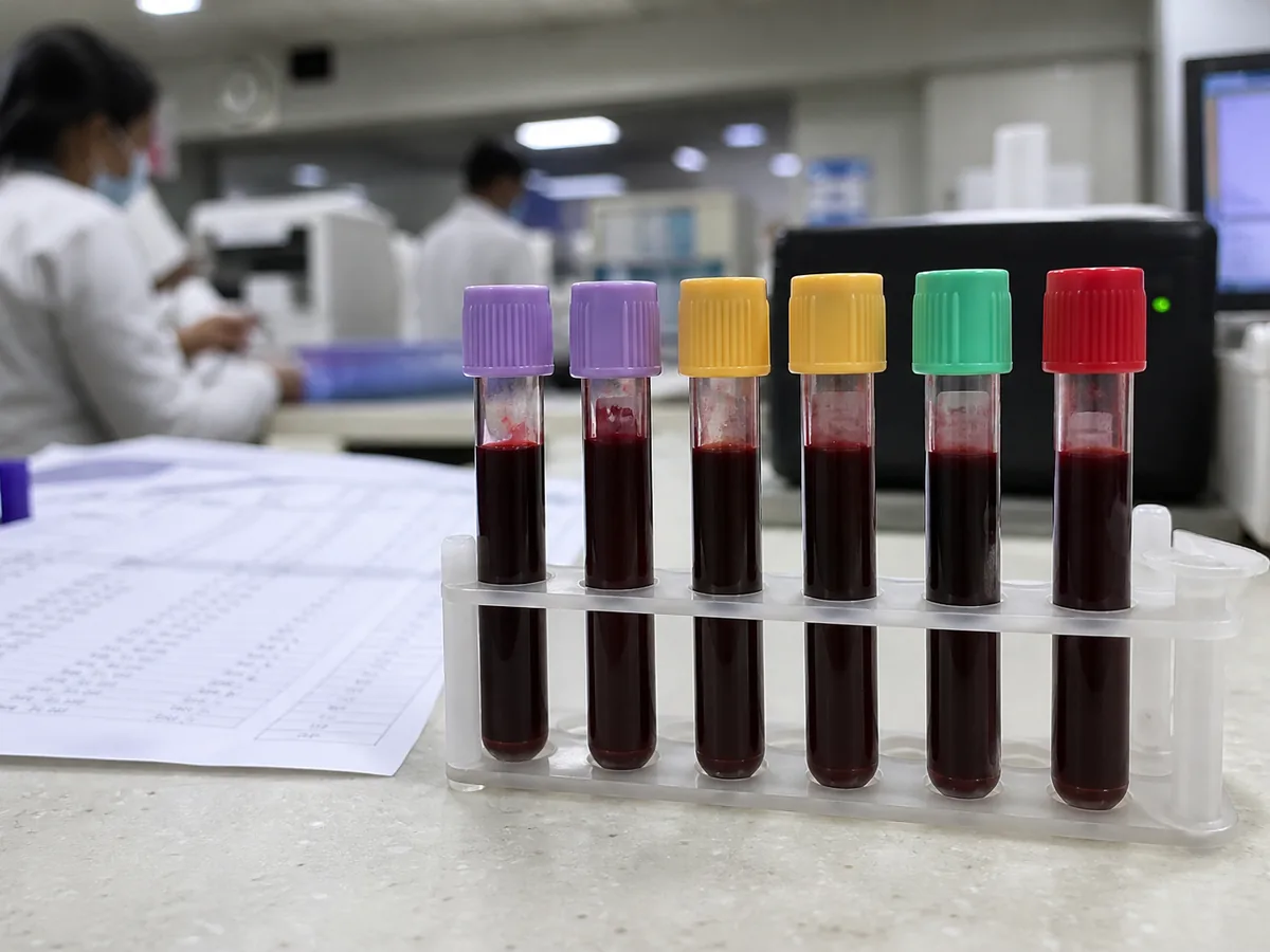 Colour-coded blood sample tubes used for a fatigue panel including CBC, thyroid, and vitamins