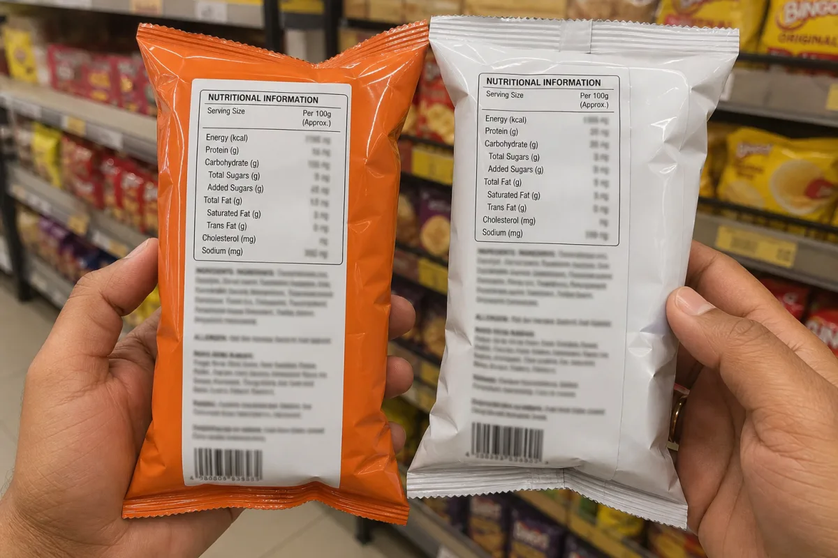 Indian grocery shopper comparing nutrition panels on two snack packs in a supermarket aisle