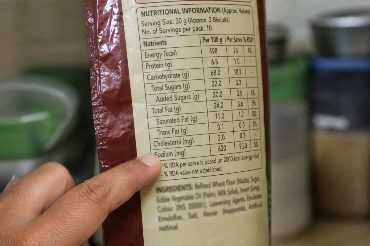 Close-up of an Indian packaged-food nutrition table highlighting sugar, sodium and saturated fat rows