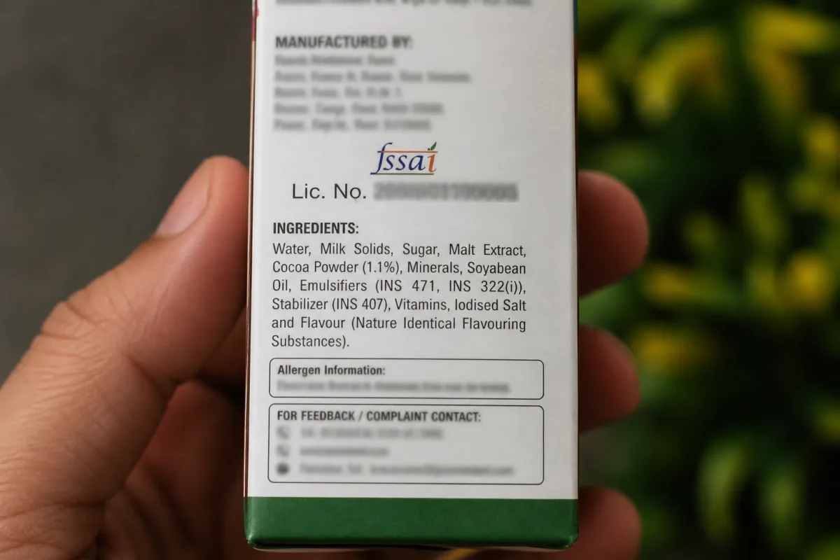 FSSAI licence number and ingredients list on an Indian health-drink carton