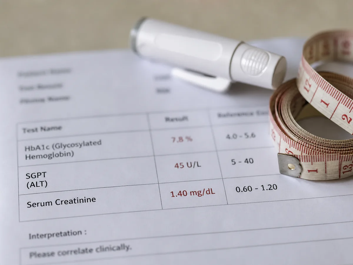 Unbranded injection pen beside an Indian lab report used to monitor HbA1c, liver enzymes, and kidney function