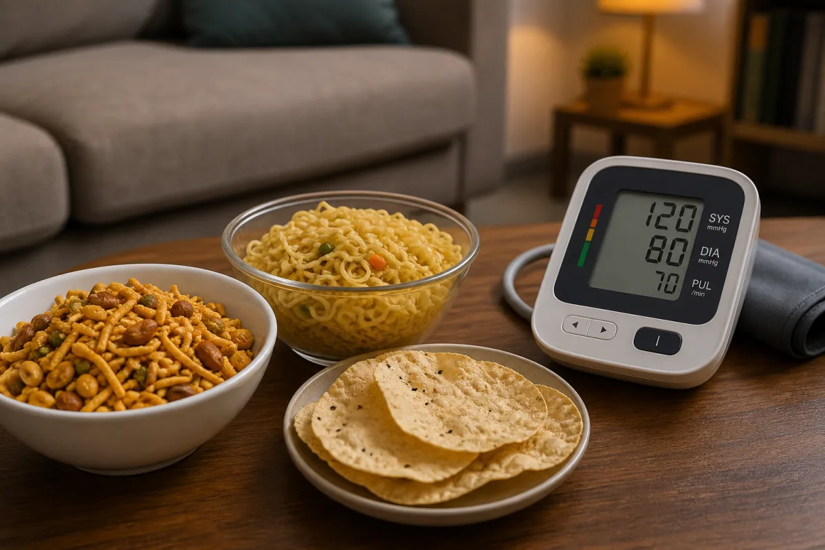 Indian snack spread of namkeen, instant noodles and papad beside a home blood-pressure monitor