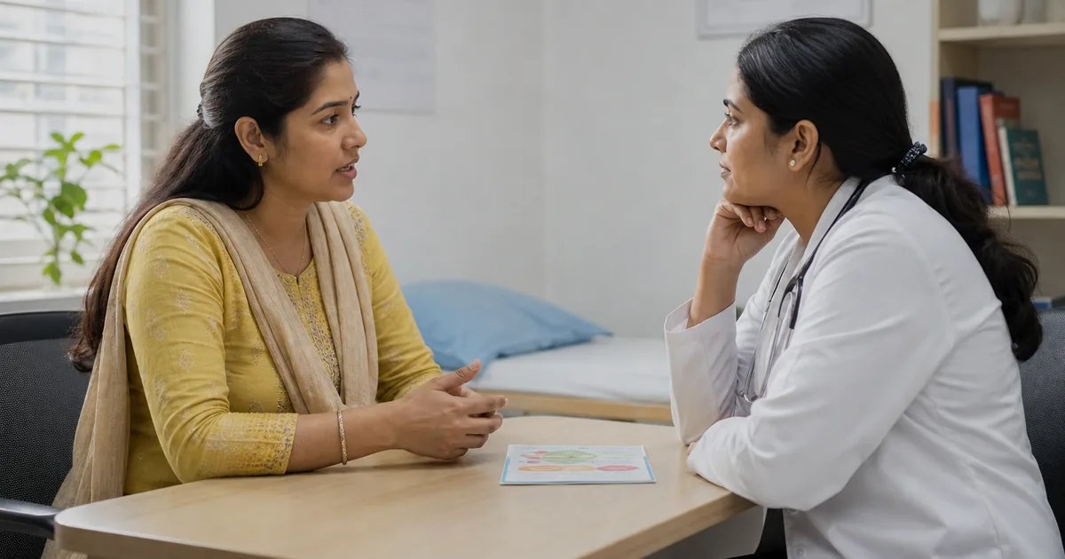 Woman in her 30s in an Indian clinic talking with a female doctor about cervical screening