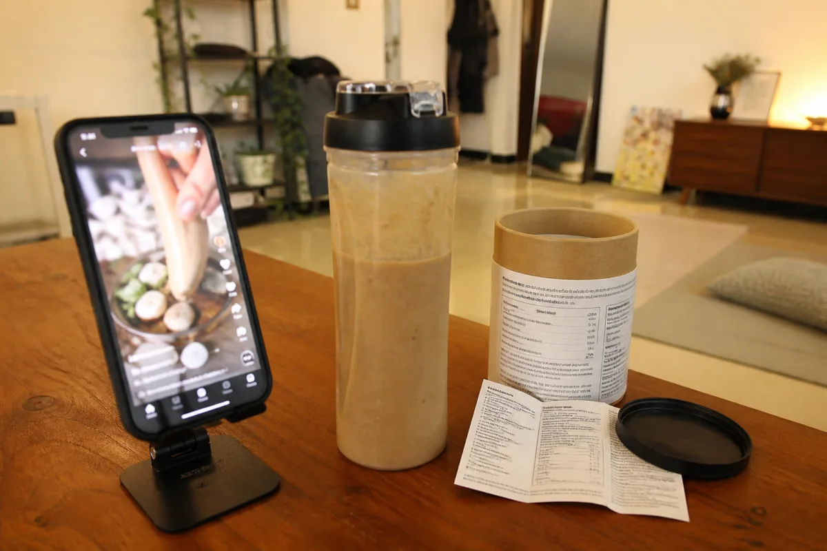 Smartphone showing a food influencer reel beside a real packaged health drink and its ingredients list