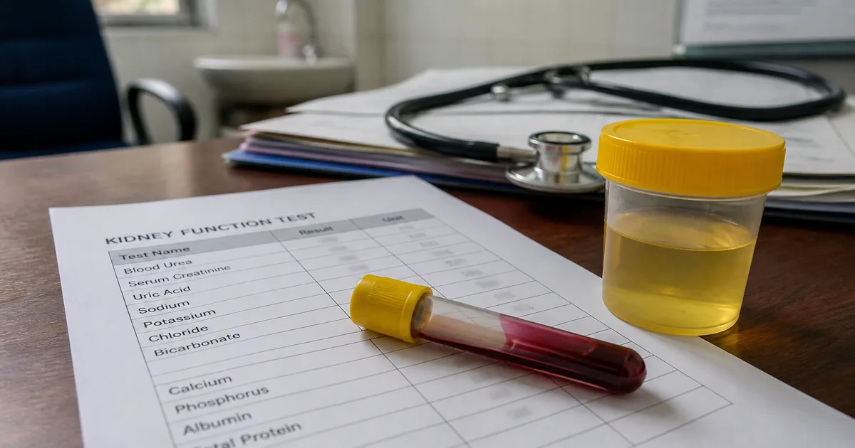 Kidney function blood tube, urine container and a lab printout on an Indian clinic desk