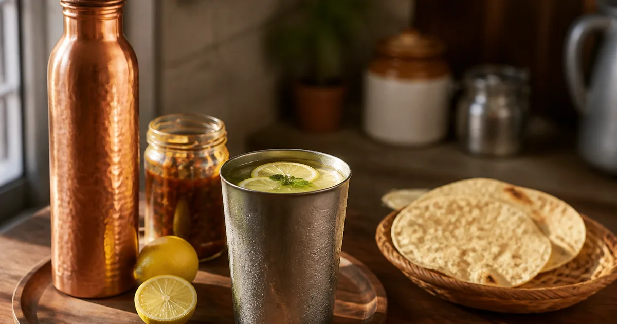 Nimbu pani and a water bottle on an Indian table, with pickle and papad pushed aside