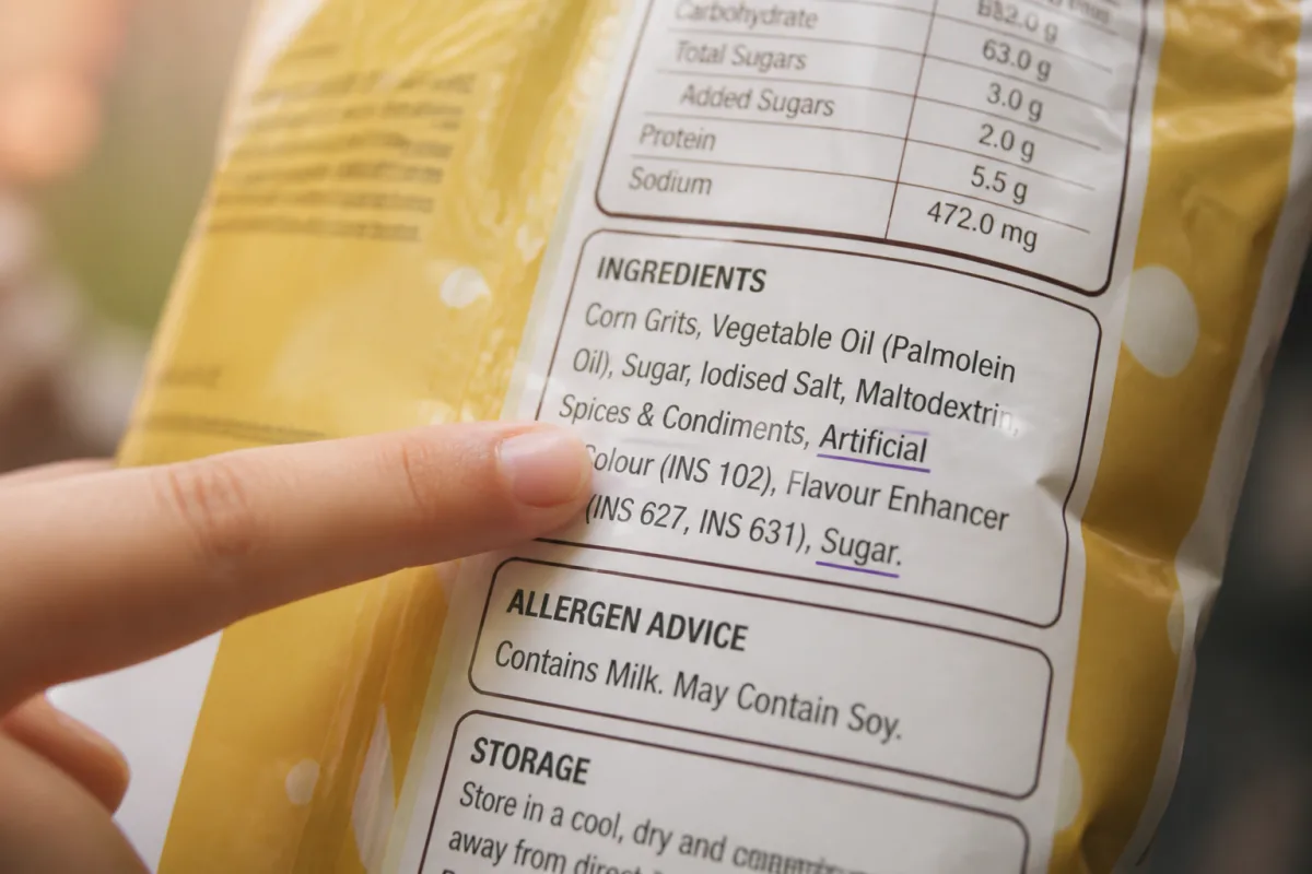 Parent pointing at artificial colour and sugar lines on a kids snack ingredient list