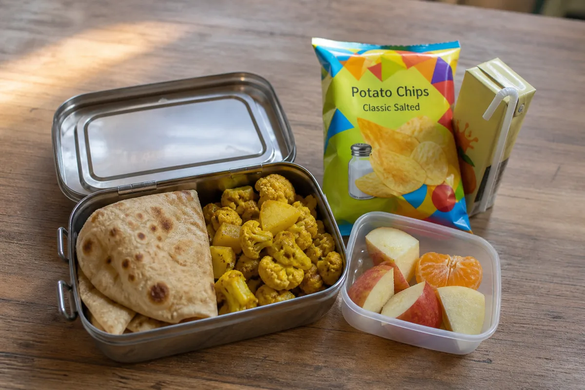 Indian school tiffin with fruit and homemade snack beside colourful packaged chips and a juice box