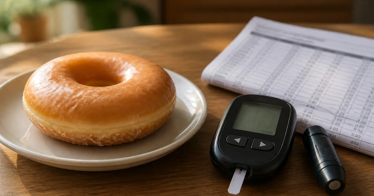 Glazed doughnut on a plate next to a home glucose meter and a folded lab printout