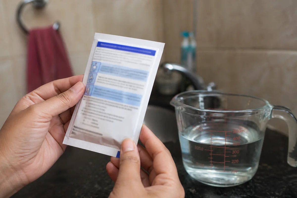 Parent reading an ORS sachet instruction panel next to a measuring glass of water