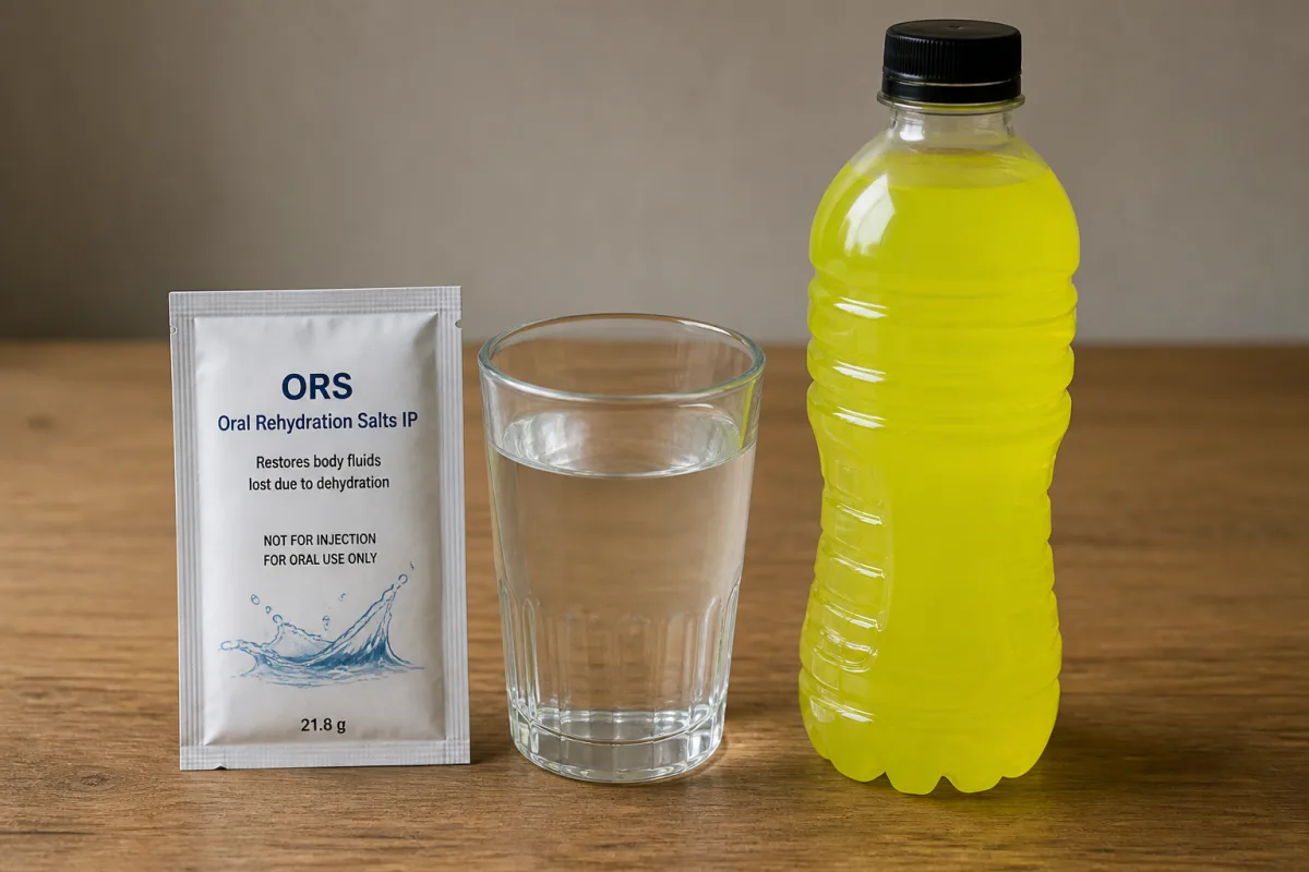 WHO-formula ORS sachet and glass of clear rehydration solution beside a colourful commercial electrolyte bottle
