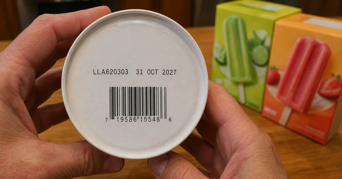 Hands checking a batch code and barcode on the bottom of a frozen dessert carton