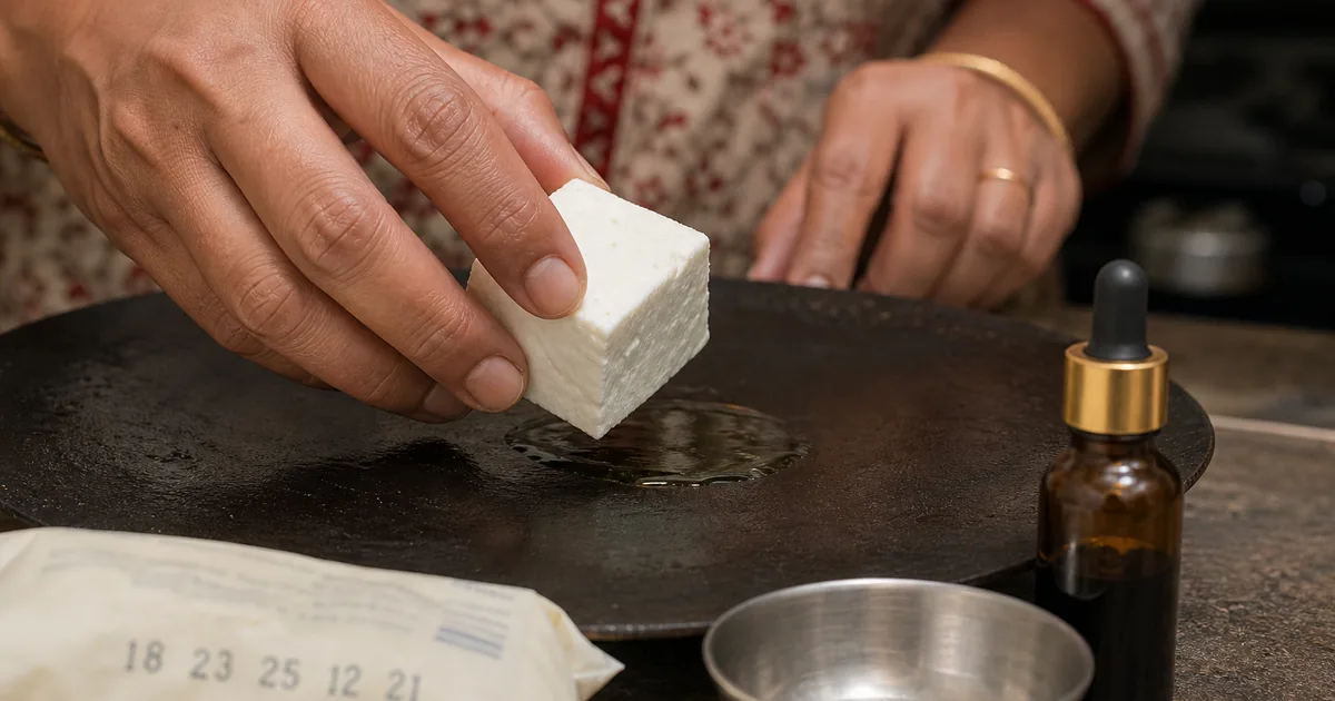 Hands holding a paneer cube over a hot tawa with oil pooling, iodine dropper nearby