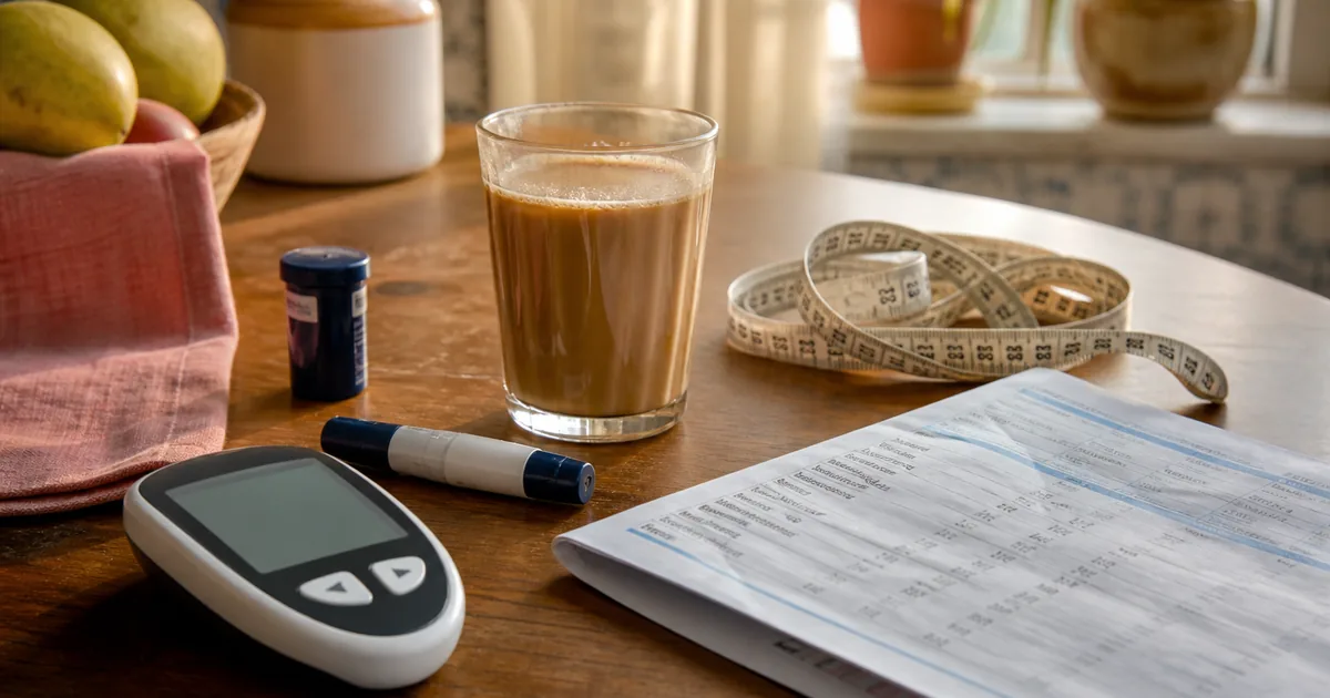Glucometer, measuring tape and unsweetened chai on an Indian kitchen table