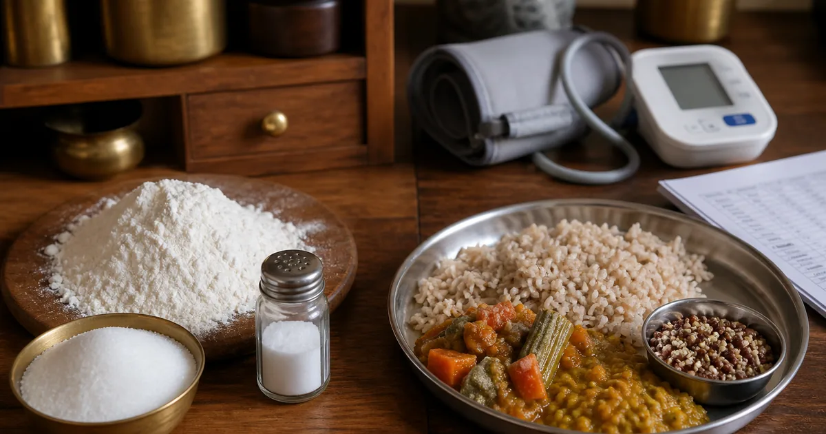 Maida, sugar and salt on one side of a kitchen counter; millet, dal and vegetables on the other, with a BP cuff nearby