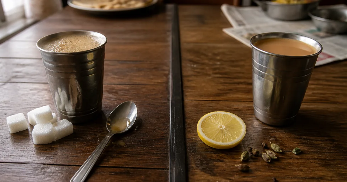 Two steel chai glasses — sweetened with sugar cubes on one side, unsweetened adrak chai on the other
