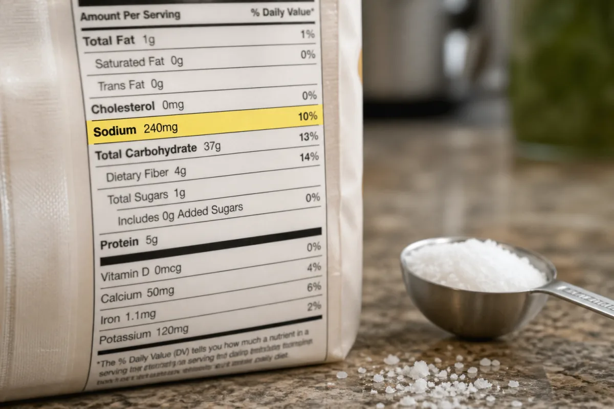 Nutrition label sodium row highlighted next to a measuring spoon of salt
