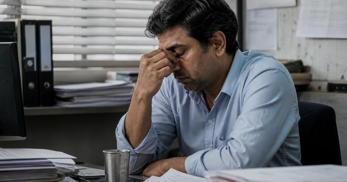 Tired Indian office worker at a morning desk after a night of poor sleep