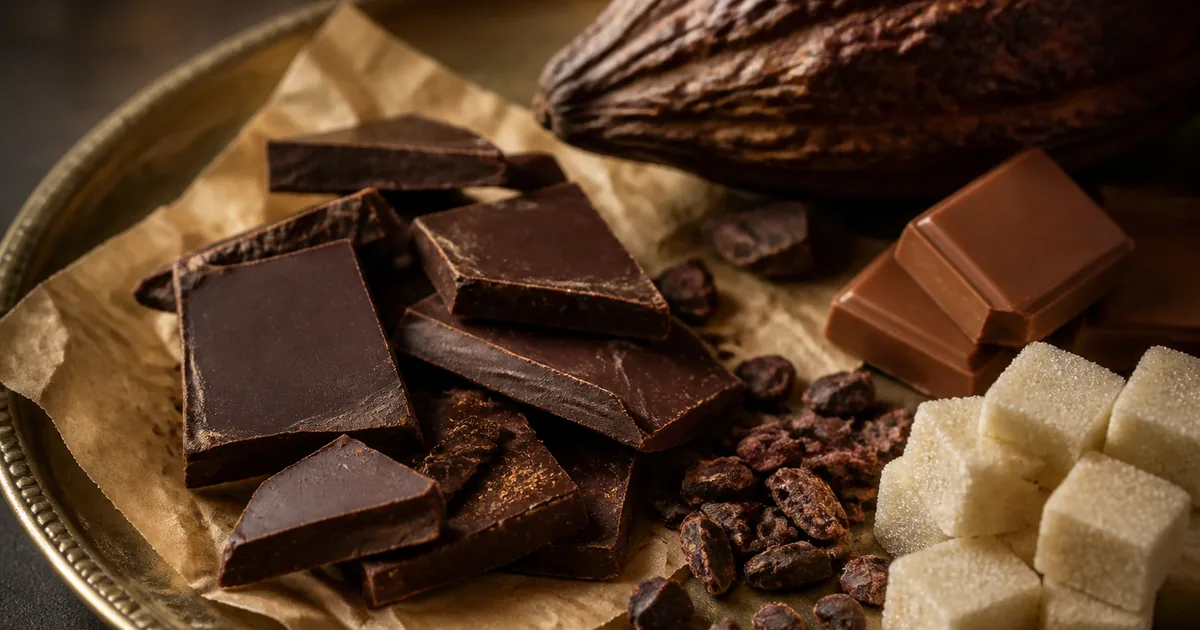 Broken dark chocolate squares and cocoa nibs next to milk chocolate and sugar cubes