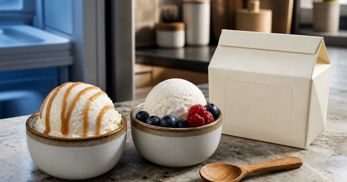 Two bowls of ice cream — one glossy regular scoop, one plainer sugar-free scoop — beside an unbranded carton