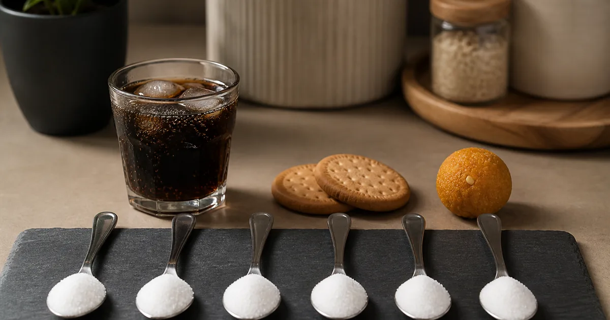 Six teaspoons of sugar beside cola, biscuits, and a ladoo showing a typical daily hidden-sugar pile