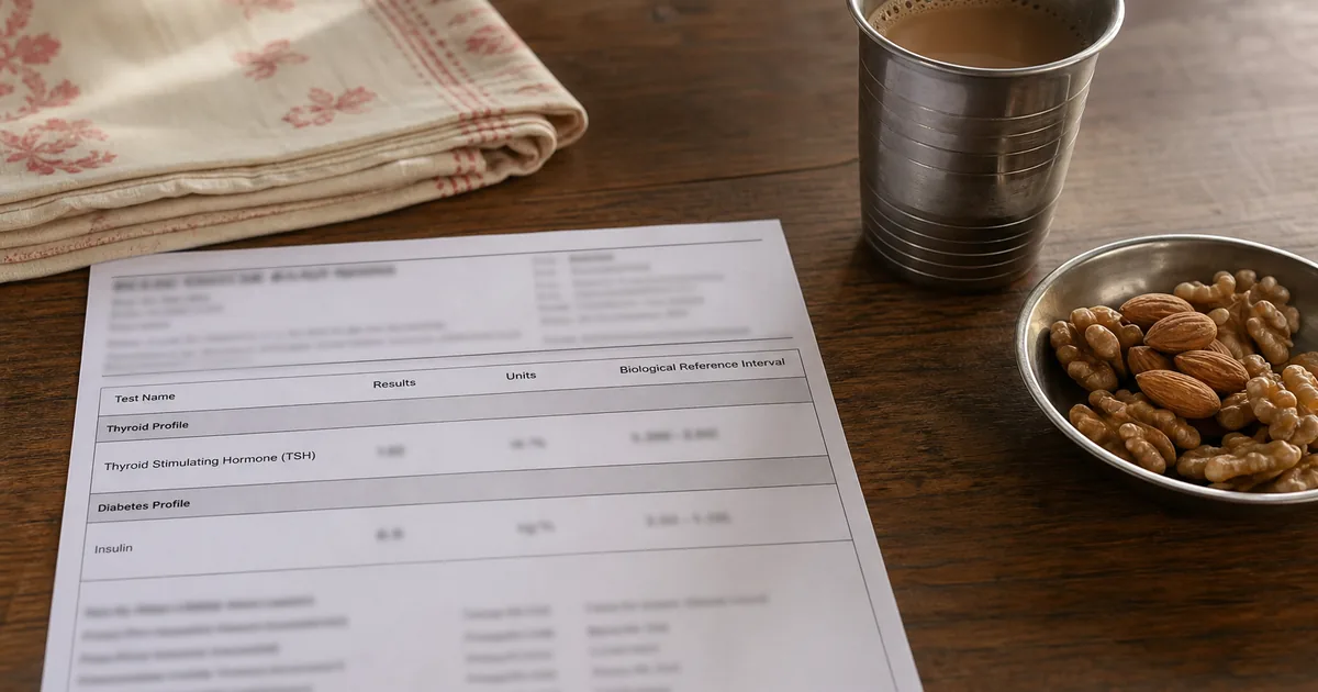 Kitchen table with chai and a thyroid–insulin lab report, illustrating a weight-gain blood test workup