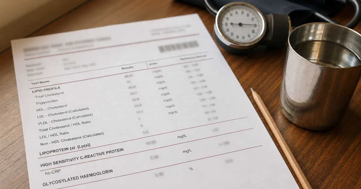 Indian adult in a clinic holding a folded preventive cardiac lab report